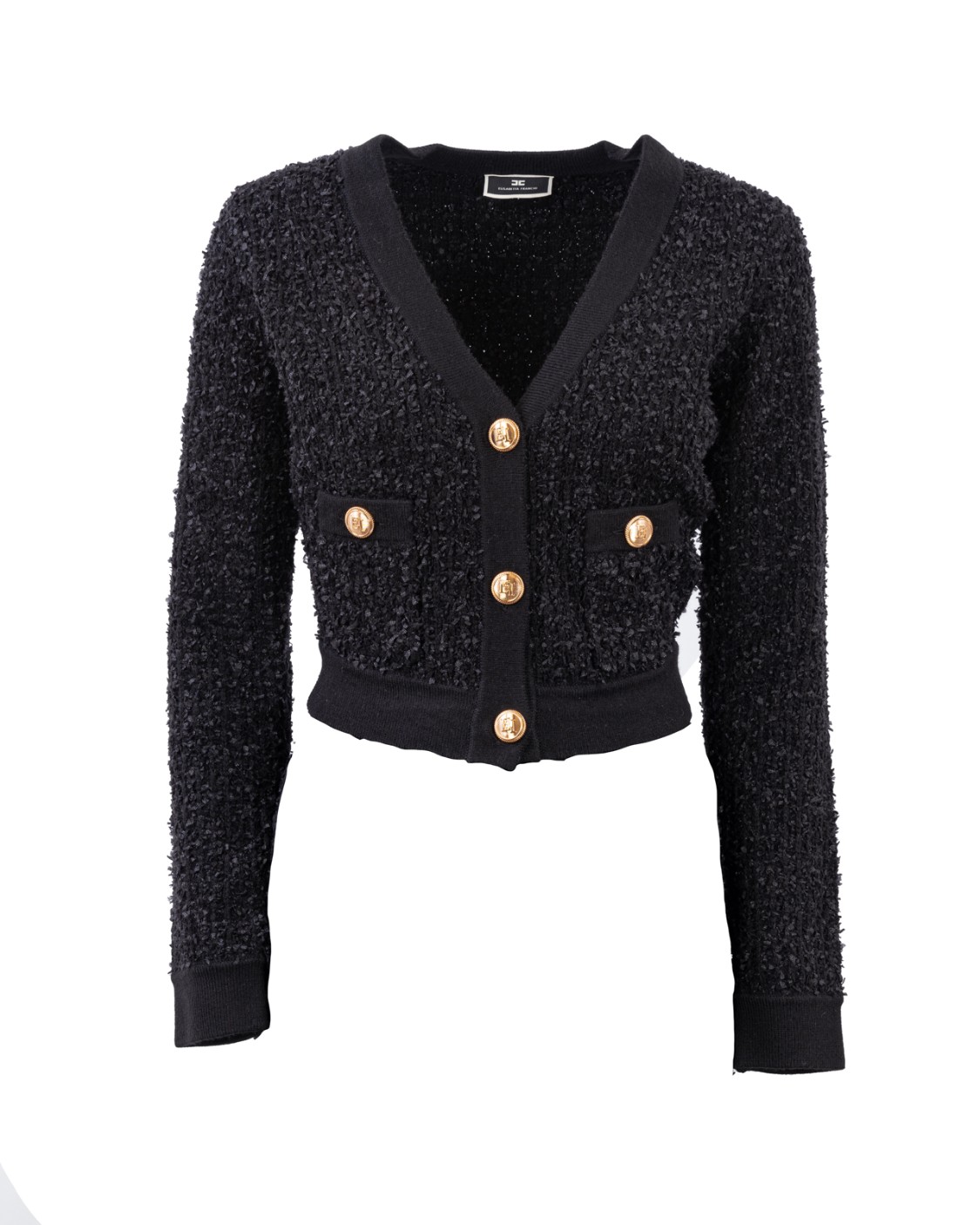 shop ELISABETTA FRANCHI  Maglia: Elisabetta Franchi cardigan crop in maglia jacquard.
Maniche lunghe. 
Scollo a v e bottoni logati in metallo dorato anticato.
Composizione: 37% Poliammide 32% Lana 31% Acrilico.
Fabbricato in Italia.. MK62S37E2-110 number 1923217
